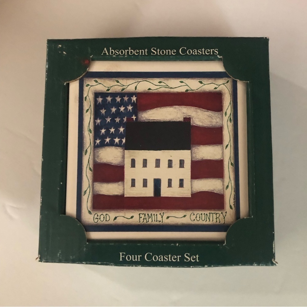 USA Absorbent Stone Art Coasters / NIB/ 4 Cork Back God Family Counrty